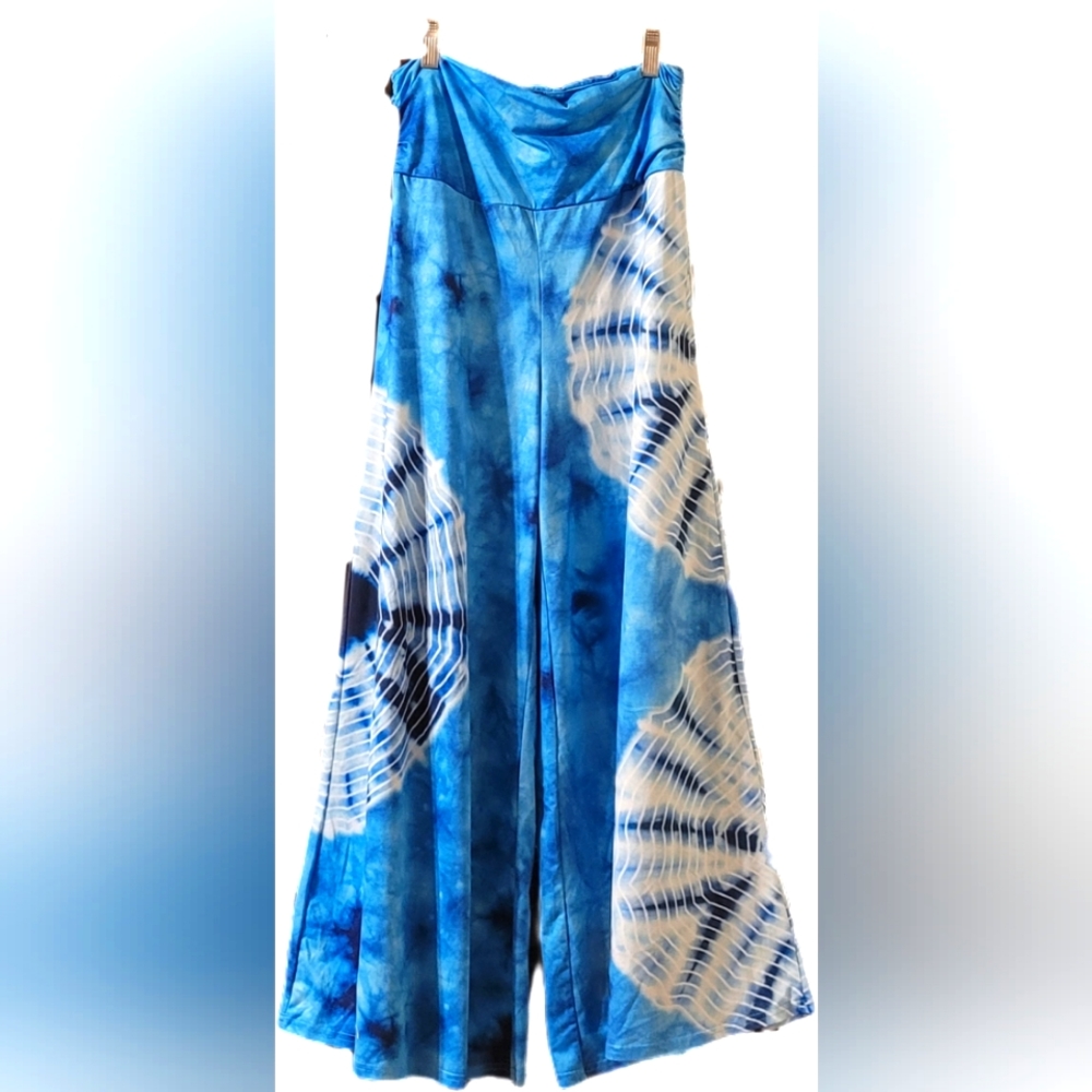 Boho Wide Leg Long Blue Tie Dye Palazzo Pants - Medium, EUC